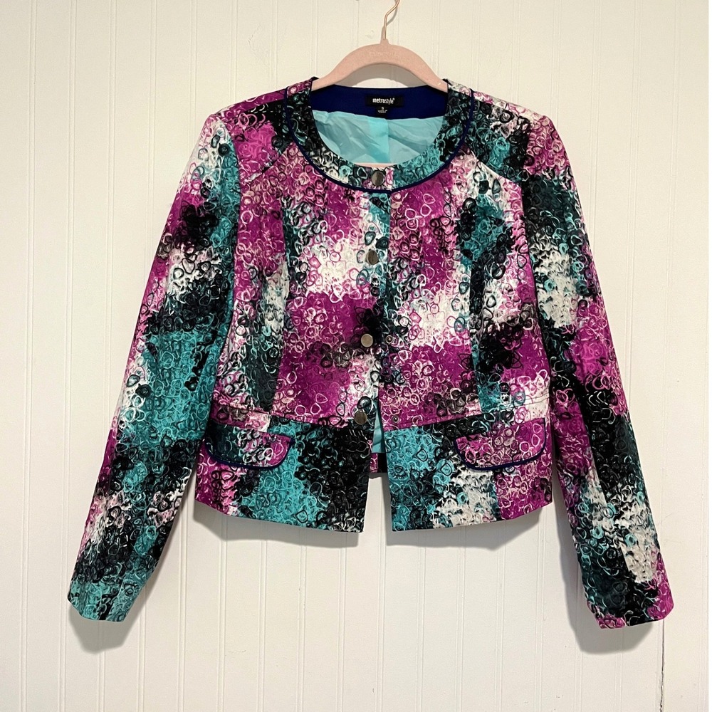 Metrostyle Blazer Women Small Multicolor Cropped Swirl Pattern Jacket